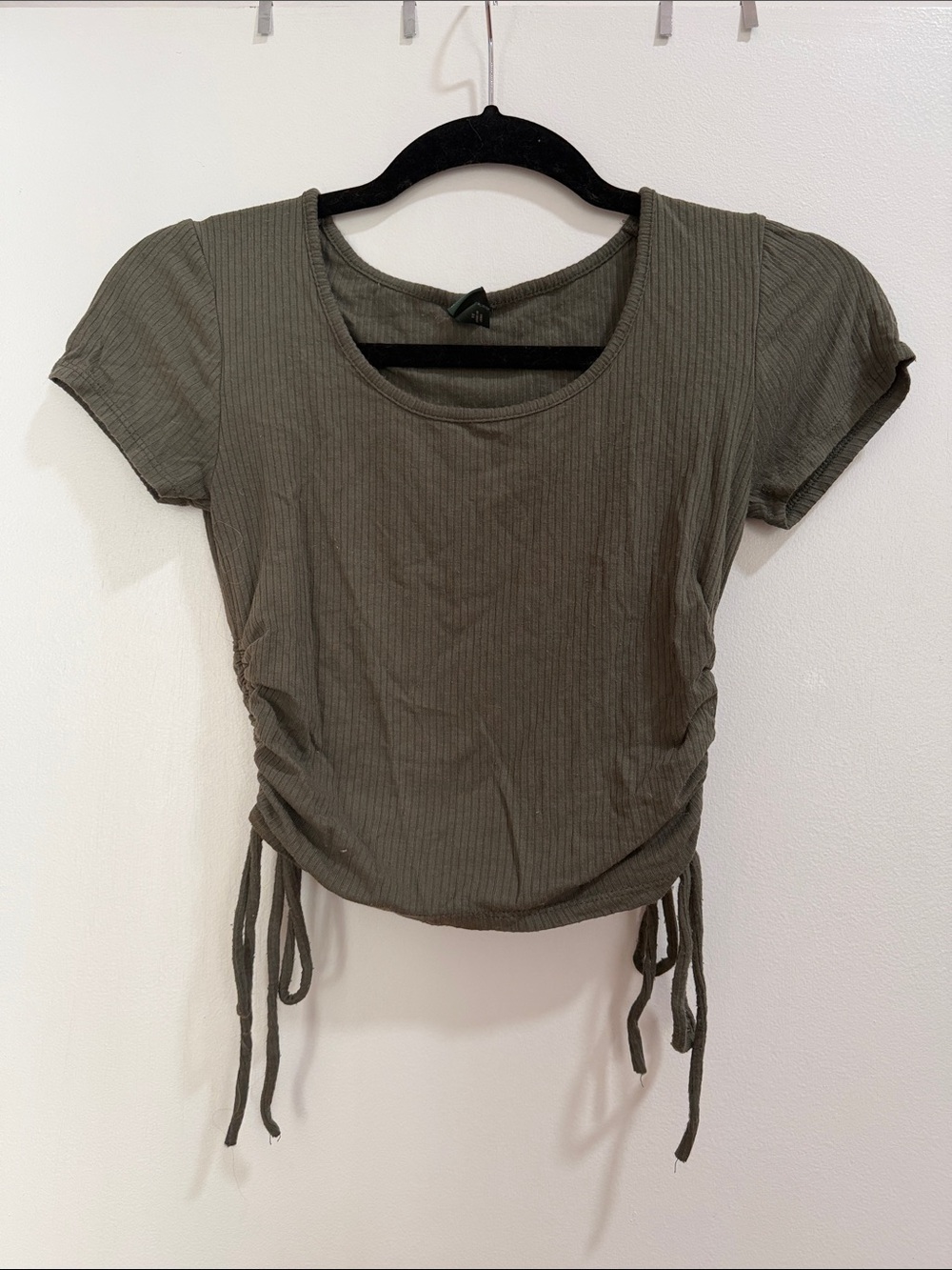 wild fable Olive Ribbed Drawstring Crop Tee